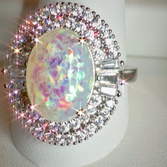 Opal Cocktail Ring With CZ Halo Rhodium Size 6 - Picture 3 of 10